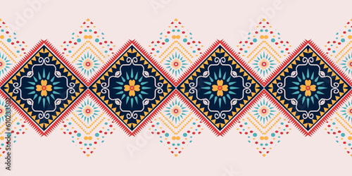 Ikat geometric folklore ornament. Tribal ethnic vector texture. Seamless striped pattern in Aztec style. Figure tribal embroidery. Indian, Scandinavian, Gypsy, Mexican, folk pattern. 
