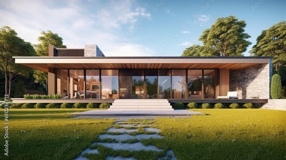 Contemporary House with Sunlit Exterior and Green Lawn. 3D Render. Postprocessing Generative AI.