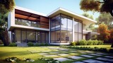 Modern House Exterior with Daylight and Lush Lawn. 3D Rendering. Postprocessing Generative AI.