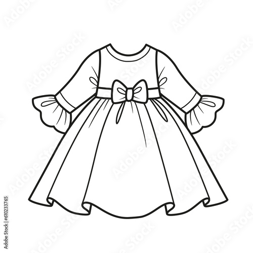 Elegant dress with long sleeves and fluffy skirt outline for coloring on a white background