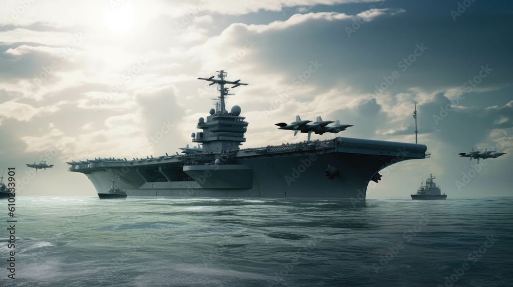 Panoramic view of a generic military aircraft carrier ship with fighter jets take off during a special operation at a warzone, wide poster design.