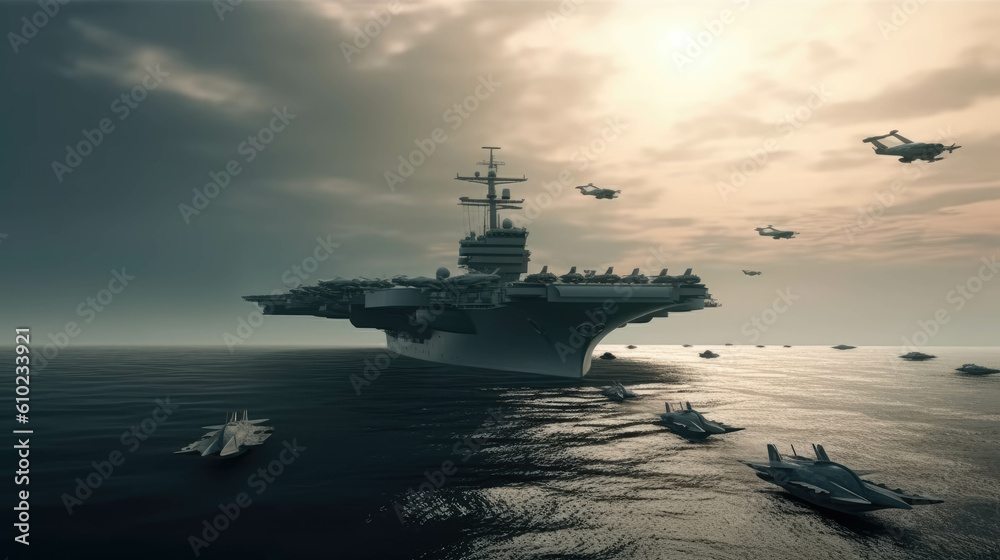 Panoramic view of a generic military aircraft carrier ship with fighter jets take off during a special operation at a warzone, wide poster design. Panoramic view of a generic military aircraft carrier ship with fighter jets take off during a special operation at a warzone, wide poster design.
