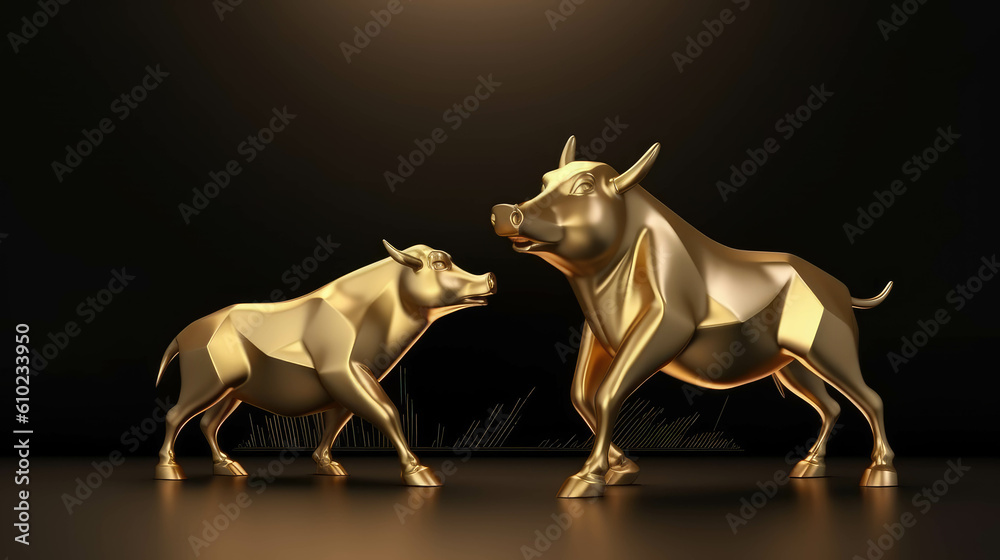 Fototapeta premium Bull and bear financial infograhic stock market chart award in gold and black color with copyspace area.