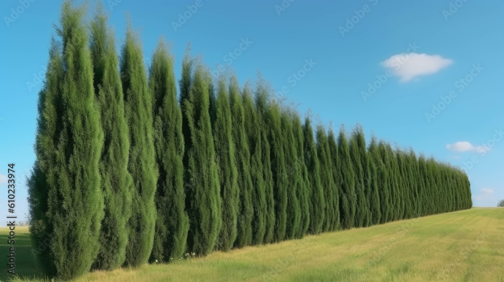 Fototapeta premium Tall long tree hedge with black grass and sky. Summer lawn backyard background.