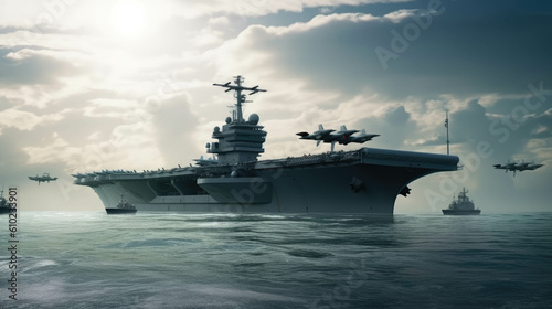 Panoramic view of a generic military aircraft carrier ship with fighter jets take off during a special operation at a warzone, wide poster design.