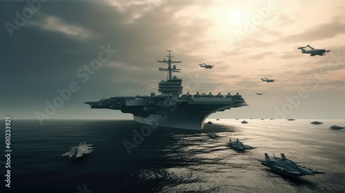 Panoramic view of a generic military aircraft carrier ship with fighter jets take off during a special operation at a warzone, wide poster design. © Kateryna