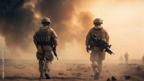 Military special forces soldiers crosses destroyed warzone through fire and smoke in the desert  wide poster design.