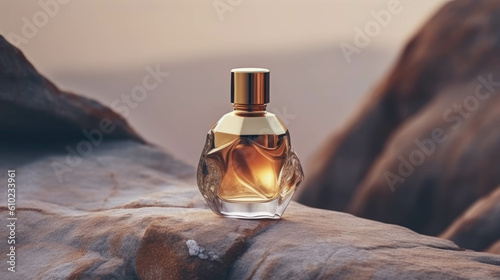 Generic luxury gold perfume mockup glass bottle with golden chrome and marbled glass body with on rock display at golden hour time.