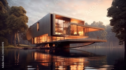 Enchanting Gravity-Defying Floating House with Unique Architectural Features. Postprocessing Generative AI.