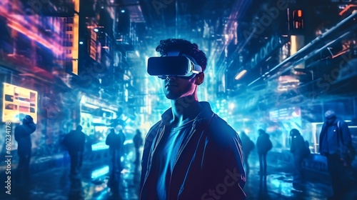 Into the Metaverse: Man with VR Headset Immersed in a Neon-Lit Digital Cityscape
