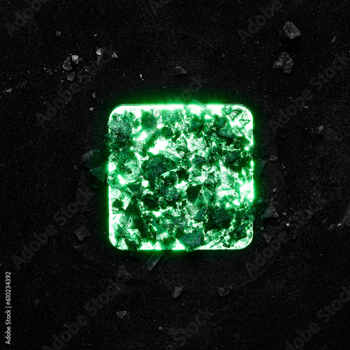 High quality photo image of a glowing stencil in the shape of a square on a black background.