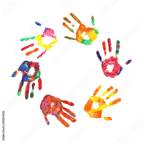 Colored children's handprints arranged in a circle, the concept of support, protection of children. copy space for text
