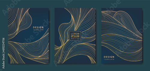 Vector set of abstract wavy liquid cards, hand drawn line waves. Golden luxury covers, japanese style package, posts, brochures.