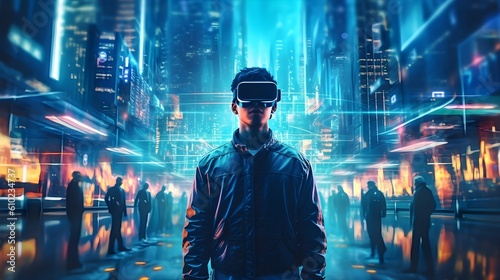 Immersed in the Metaverse: Man with VR Headset Engaged in Vibrant Digital Urban Reality