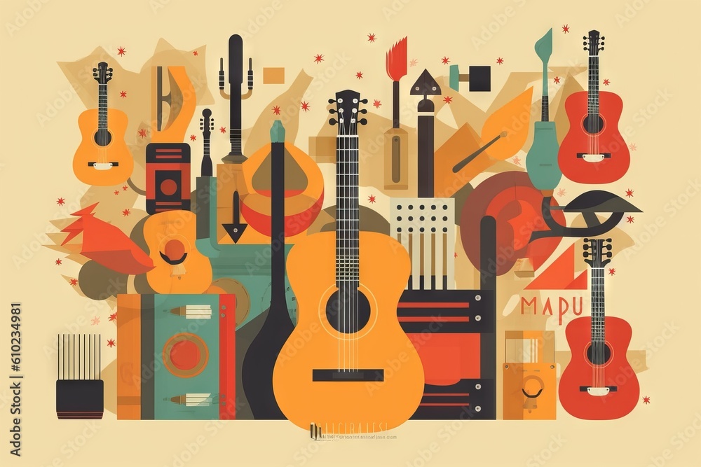 Naklejka premium guitar and musical instruments background. Generative AI