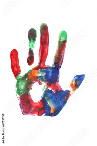 Handprint with multicolored paints isolated on white