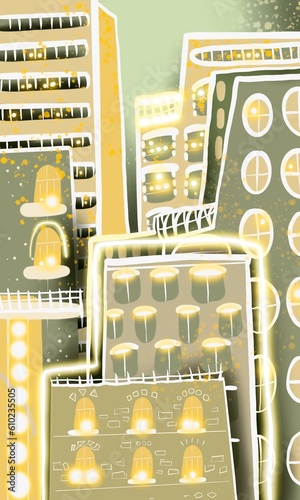 Cartoon drawing of a view of the city 