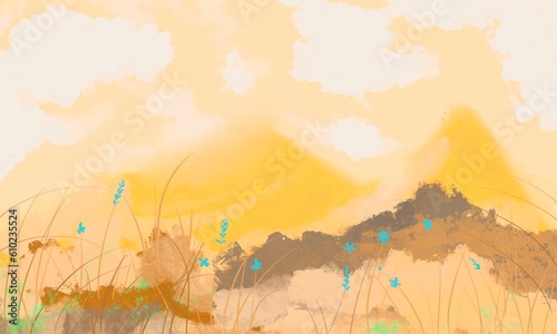 Yellow abstract landscape with mountains and small blue flowers