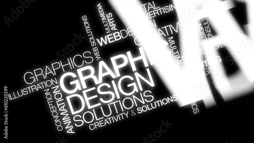 Graphic Design words tag cloud black and white text animation