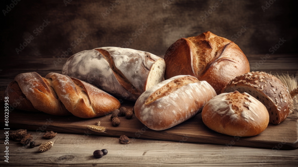 assorted bread on wood background