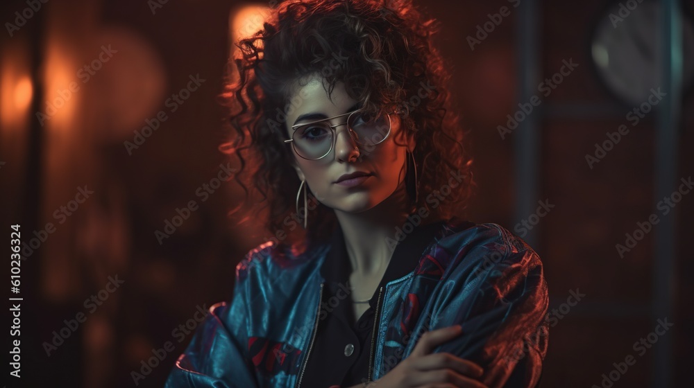 Portrait of a girl in 80s retro style. AI generative image. Portrait of a girl in 80s retro style. AI generative image.