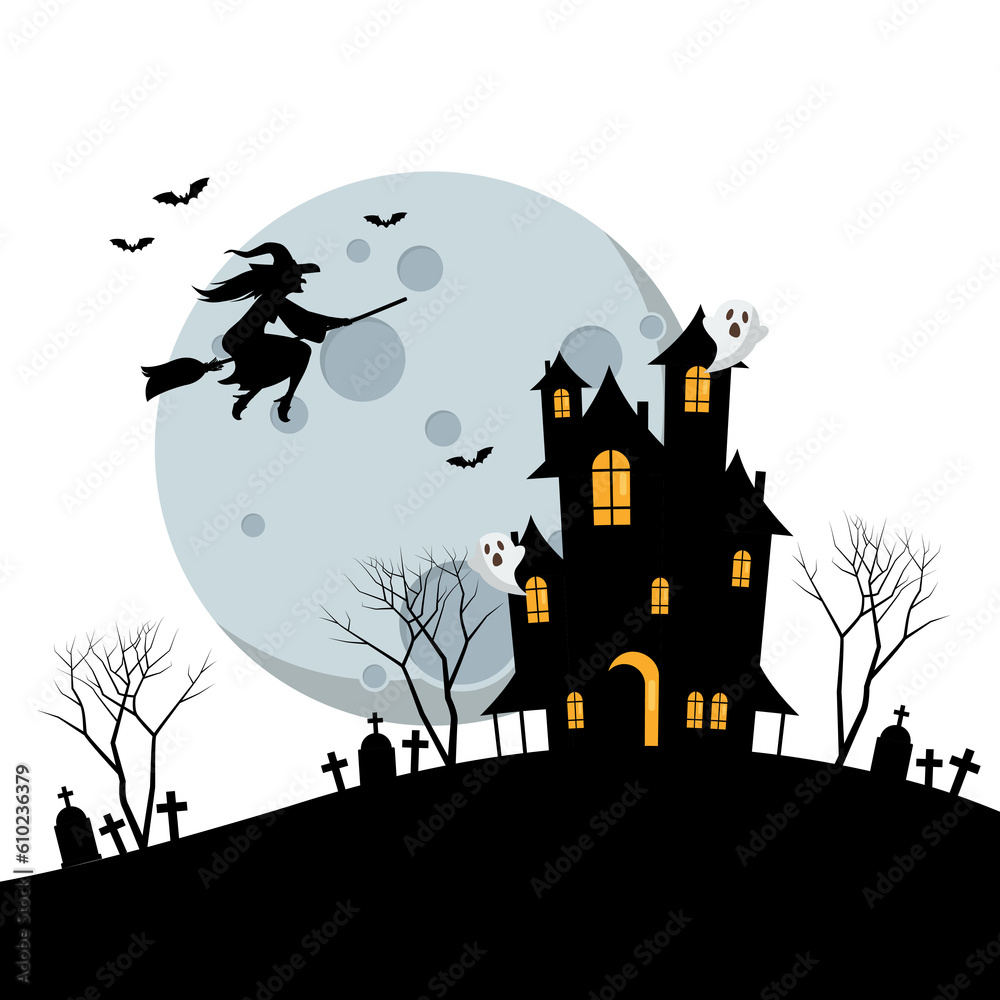 Witch flying over the moon and haunted house