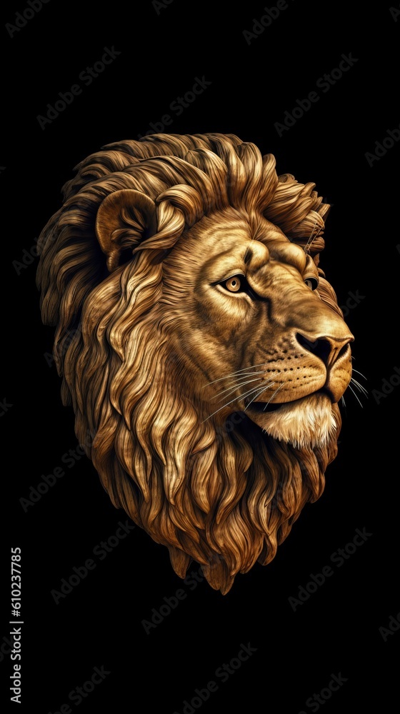 Head of a lion on a black background. Concept of strength and power. Generative AI Head of a lion on a black background. Concept of strength and power. Generative AI
