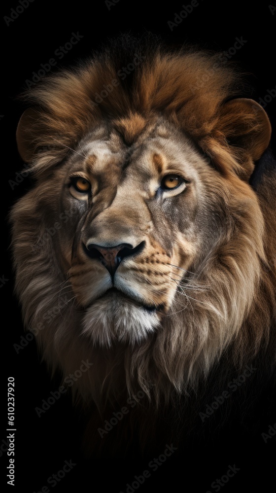 Fototapeta premium Head of a lion on a black background. Concept of strength and power. Generative AI