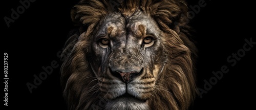 Head of a lion on a black background. Concept of strength and power. Generative AI © ColdFire