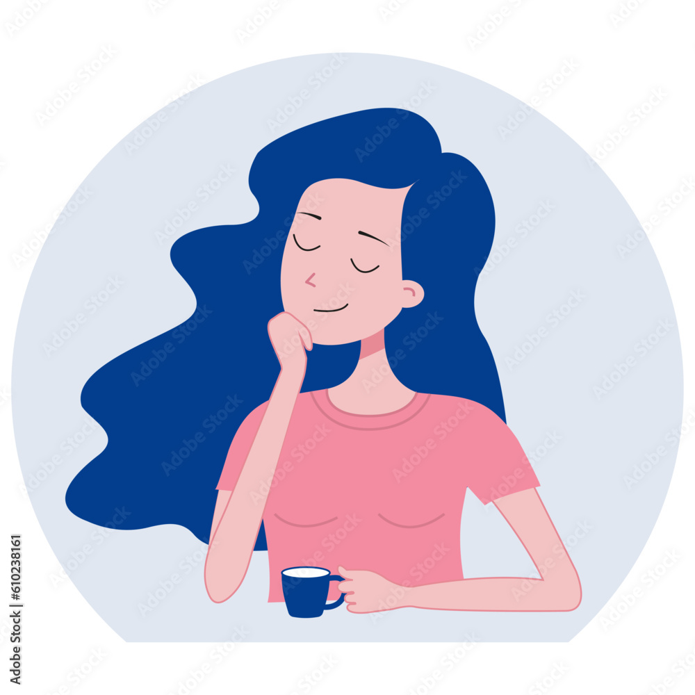A girl is drinking coffee in a cafe or canteen, a woman is enjoying coffee in a blue mug, a young woman is holding a cup while sitting at a table in a cafe, a flat vector illustration, a cartoon A girl is drinking coffee in a cafe or canteen, a woman is enjoying coffee in a blue mug, a young woman is holding a cup while sitting at a table in a cafe, a flat vector illustration, a cartoon