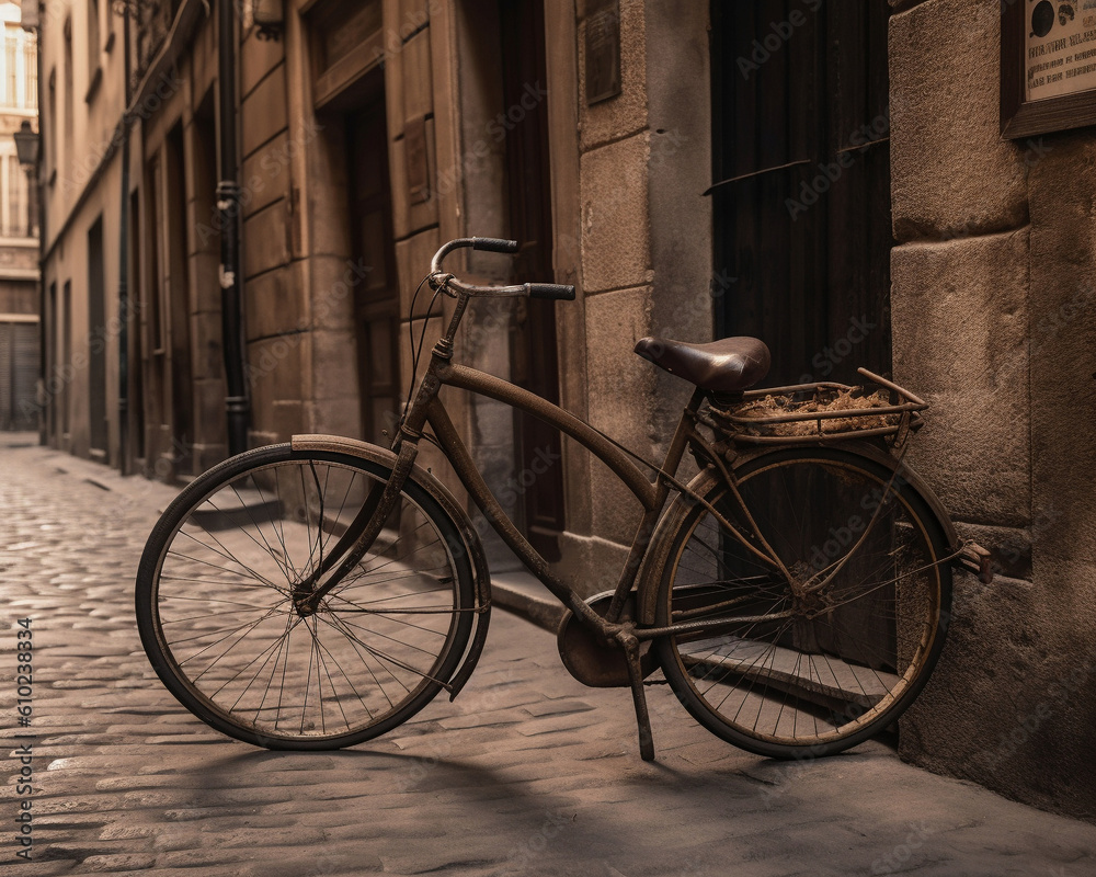 Altes Fahrrad in einer Straße mit Heu im Gepäckträger, generative AI