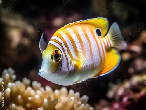 Marine Butterfly Fish with coral background created by Generative AI technology