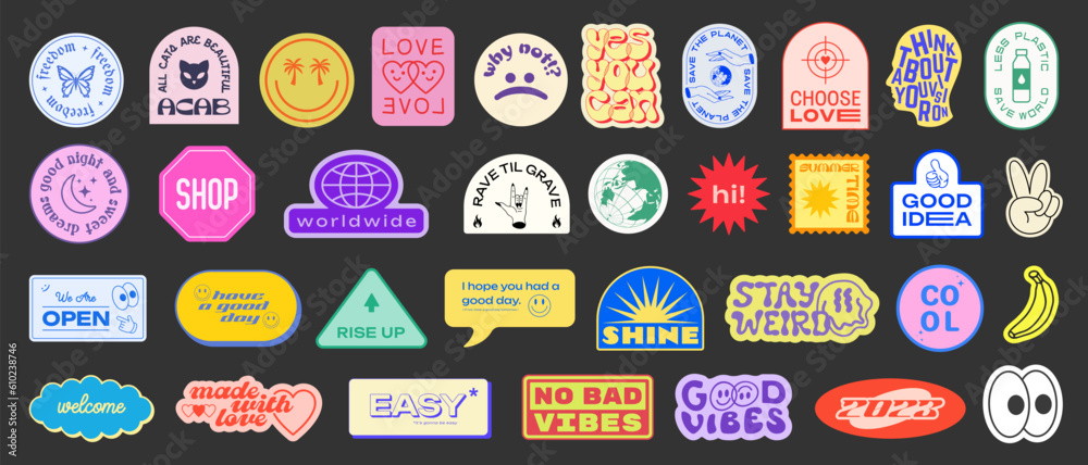Set Of Y2k Stickers Vector Design. Cool Pop Art Elements. Trendy Patches. Retro Badges Graphics. Geometric Shapes. - obrazy, fototapety, plakaty 