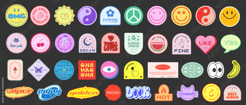 Set Of Y2k Stickers Vector Design. Cool Pop Art Elements. Trendy ...