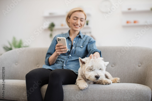 Foto Happy lady in denim shirt using cell phone while petting slowly white terrier on sofa in apartment interior