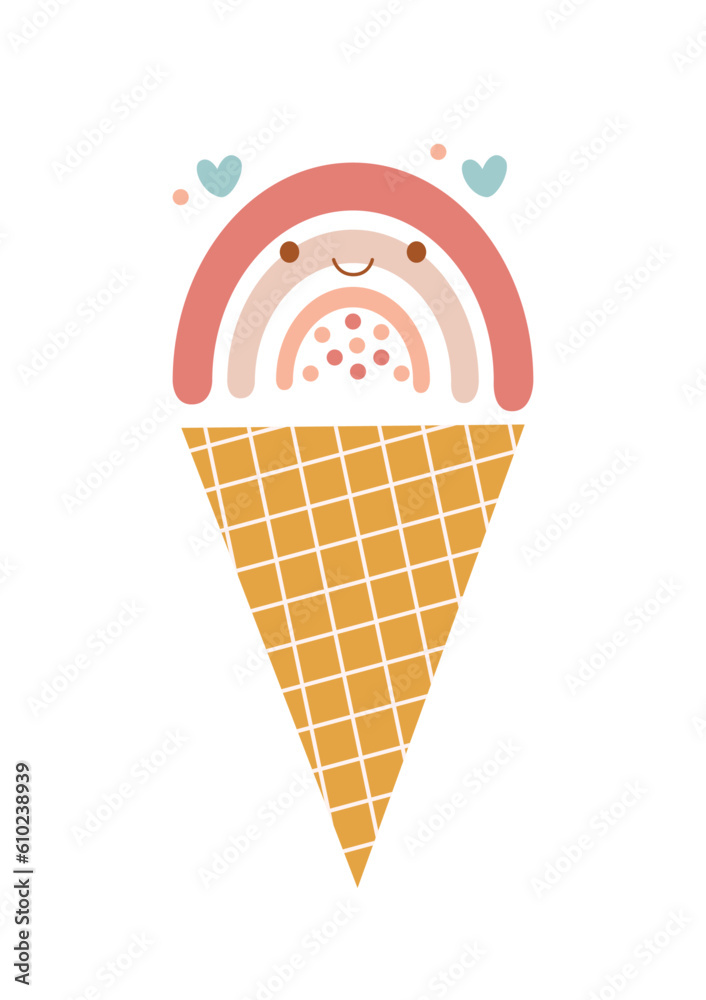 Smiling rainbow ice cream in boho style.  Kawaii rainbow in waffle cup cone. Sweet design element, clipart, illustration for poster, card, print. Vector
