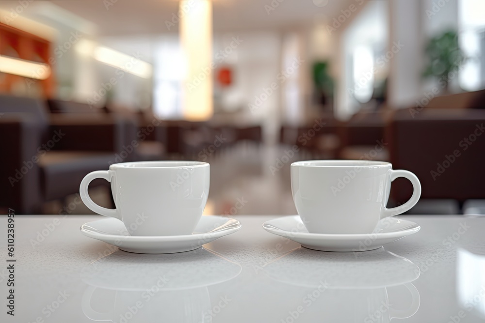 Elegant cafe delight. Two white coffee cups on a restaurant table on blur hotel background