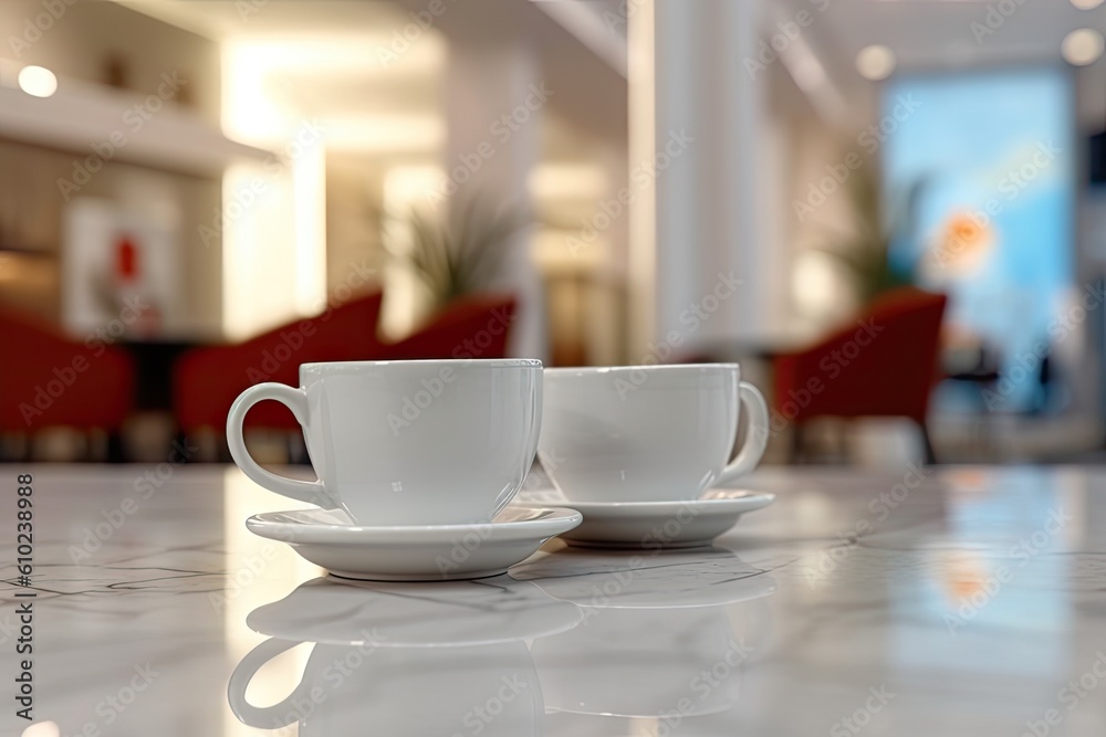 Elegant cafe delight. Two white coffee cups on a restaurant table on blur hotel background Elegant cafe delight. Two white coffee cups on a restaurant table on blur hotel background