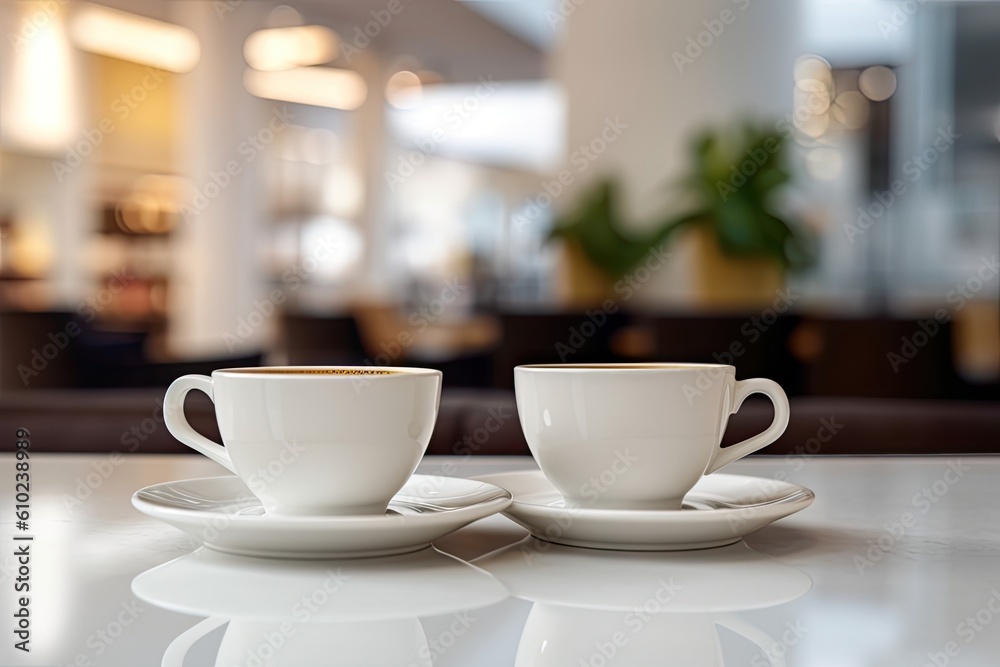 Elegant cafe delight. Two white coffee cups on a restaurant table on blur hotel background Elegant cafe delight. Two white coffee cups on a restaurant table on blur hotel background
