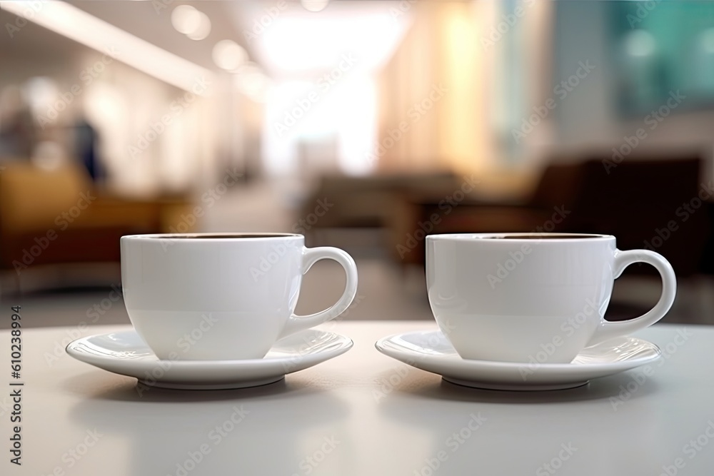 Elegant cafe delight. Two white coffee cups on a restaurant table on blur hotel background Elegant cafe delight. Two white coffee cups on a restaurant table on blur hotel background