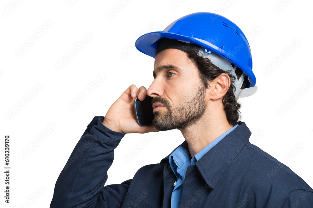 Engineer talking on the phone. Isolated on white Engineer talking on the phone. Isolated on white