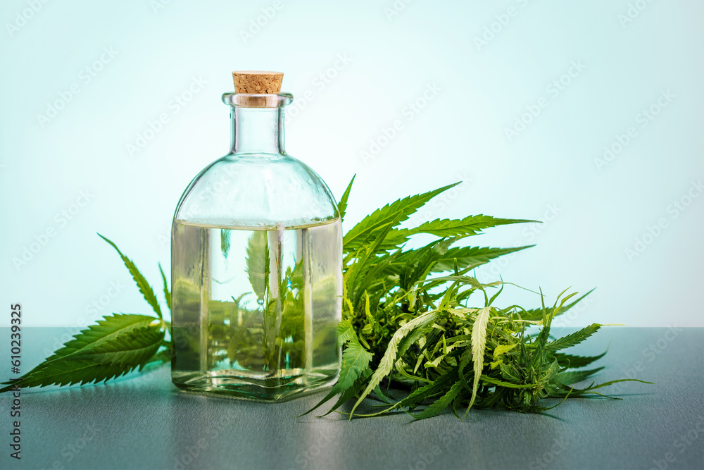 fresh green cannabis leaves and a test jar of cannabis oil. - obrazy, fototapety, plakaty 