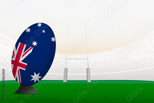 Australia national team rugby ball on rugby stadium and goal posts, preparing for a penalty or free kick.