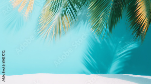 blurry blue summer background with palm leaf and shadow ai generative