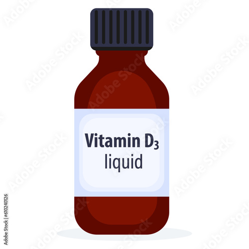 Vitamin D3 liquid in dark glass bottle isolated on white background vector illustration.