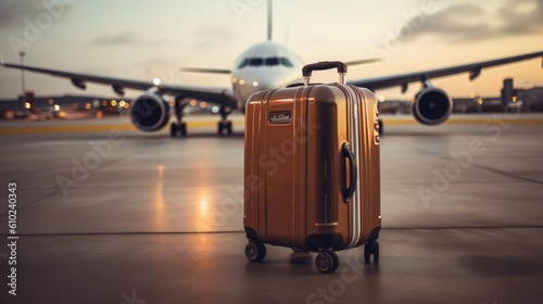 A suitcase on a runway with a blurred airplane in the background. Travel and business concept. Generative AI
