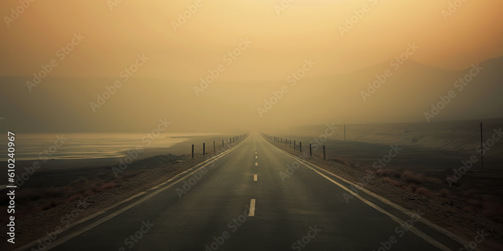 Misty empty road with trees on the side. Foggy highway. Mystery travel concept. Generative AI Misty empty road with trees on the side. Foggy highway. Mystery travel concept. Generative AI