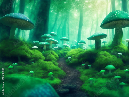 Magical green forest with mushrooms  Generative AI Illustration.