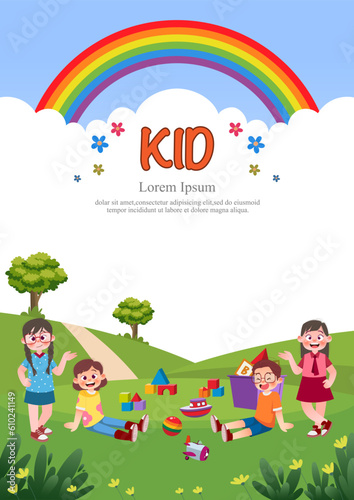 Cute children play outside. template for advertising brochures, ready for your text, poster, background, website.Style of kids drawings.