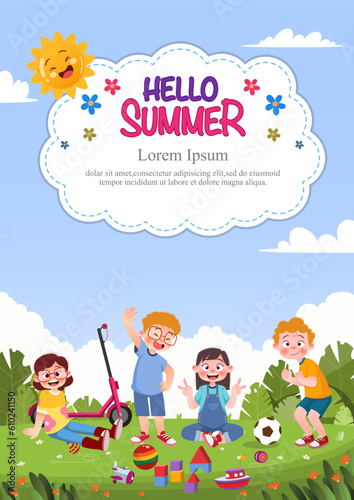 Fototapeta Naklejka Na Ścianę i Meble -  Cute children play outside. template for advertising brochures, ready for your text,  poster, background, website.Style of kids drawings.